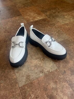 Madden Girl White Patent Loafers with Black Lug Sole